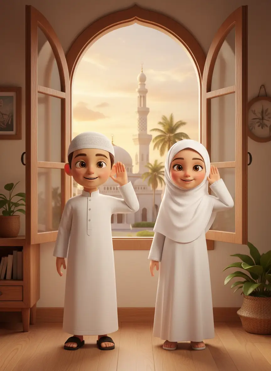 حمد وريم عند النافذة يستمعان إلى الأذان